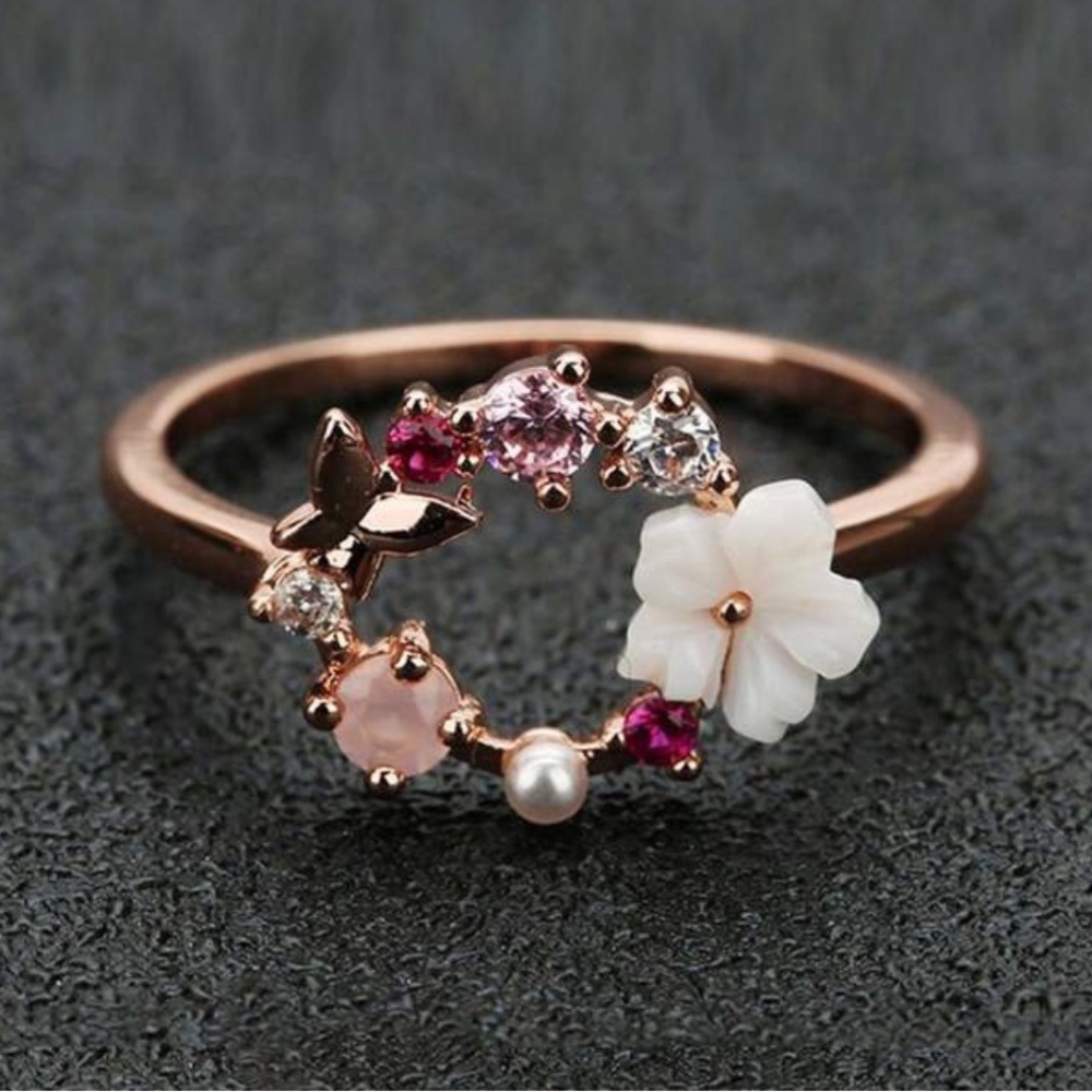 Elegant Floral Rose Gold Ring with Pink and White Accents Retail $26